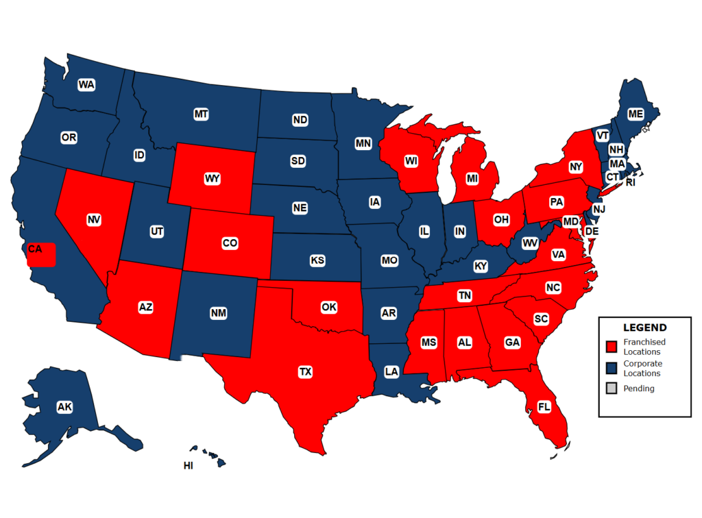 Legacy Claims Services nationwide coverage map showing franchised and corporate office locations across the United States